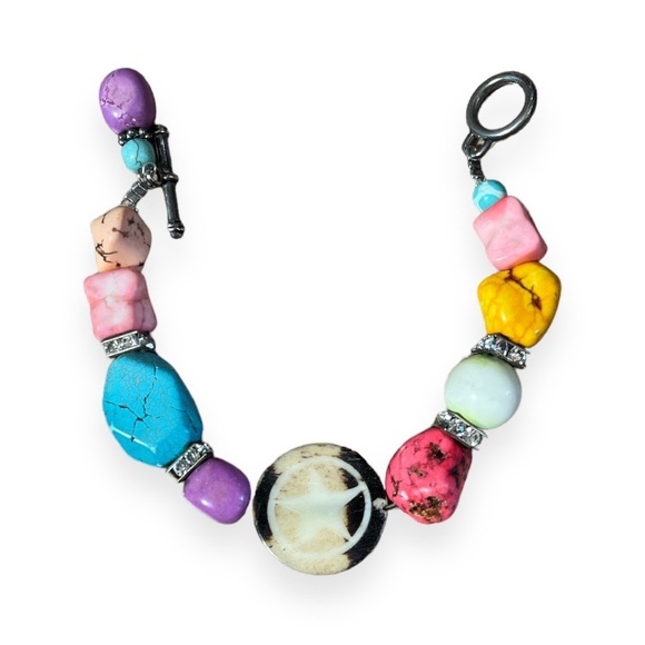 Handmade Chunky Bracelet Turquoise Stones Rhinestones Beaded Boho Xmen Style 7” - Picture 3 of 4